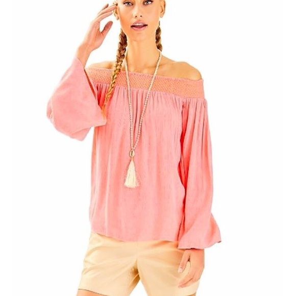 Lilly Pulitzer Tops - NWT Lilly Pulitzer Katya Coral Reef Gold Smocked Off Shoulder Crinkled Gauze Top